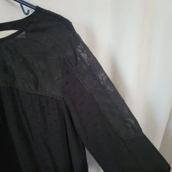 Loft Black Blouse Lace Yoke long sleeves Large Rayon Polyester keyhole EUC - Picture 5 of 12